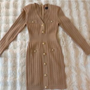 Taupe Structured Knit Dress | Ribbed Detail, Long Sleeve | Polished Workwear